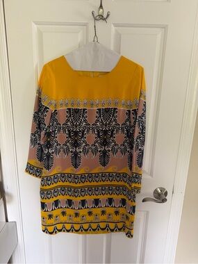J. Crew Yellow and Pink Baroque Print Long Sleeve Shift Dress